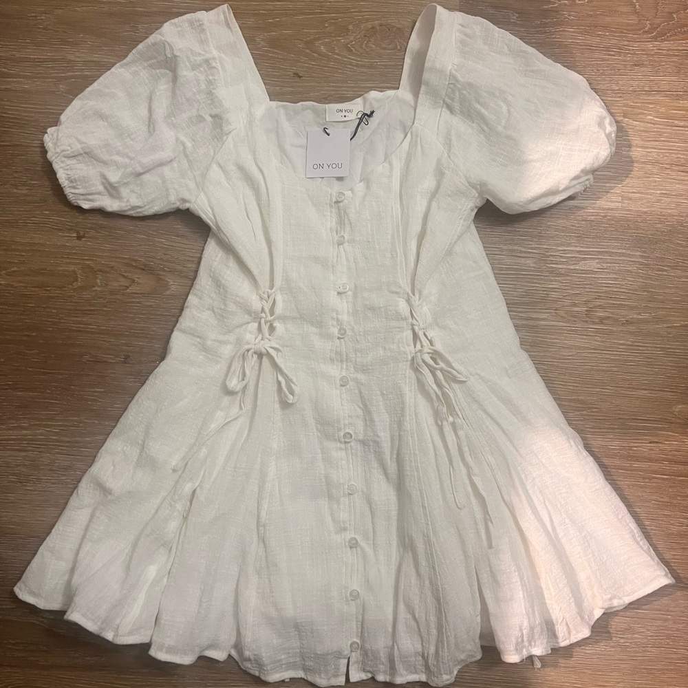 NWT White Button Front Babydoll Dress Womens Size Medium